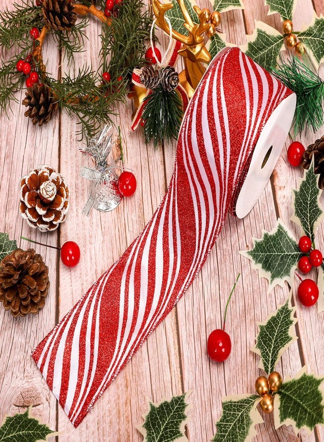 Whaline Christmas Glitter Candy Cane Ribbon White Red Stripe Wired Edge Ribbon 2.5 Inch Rustic Farmhouse Craft Ribbons for Xmas DIY Gift Wrapping Floral Arrangement Wreath Bow Decoration, 10 Yard - Image 5